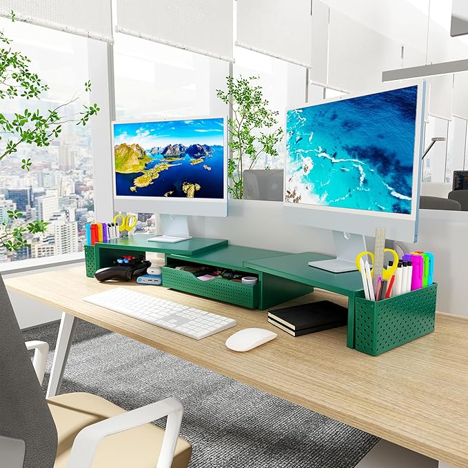 Spacrea Metal Desk Organizers and Accessories, Dual Monitor Stand Riser with Drawer and 2 Pen Holders, Desk Accessories & Workspace Desktop Organizers for Office Supplies (Dark Gree)