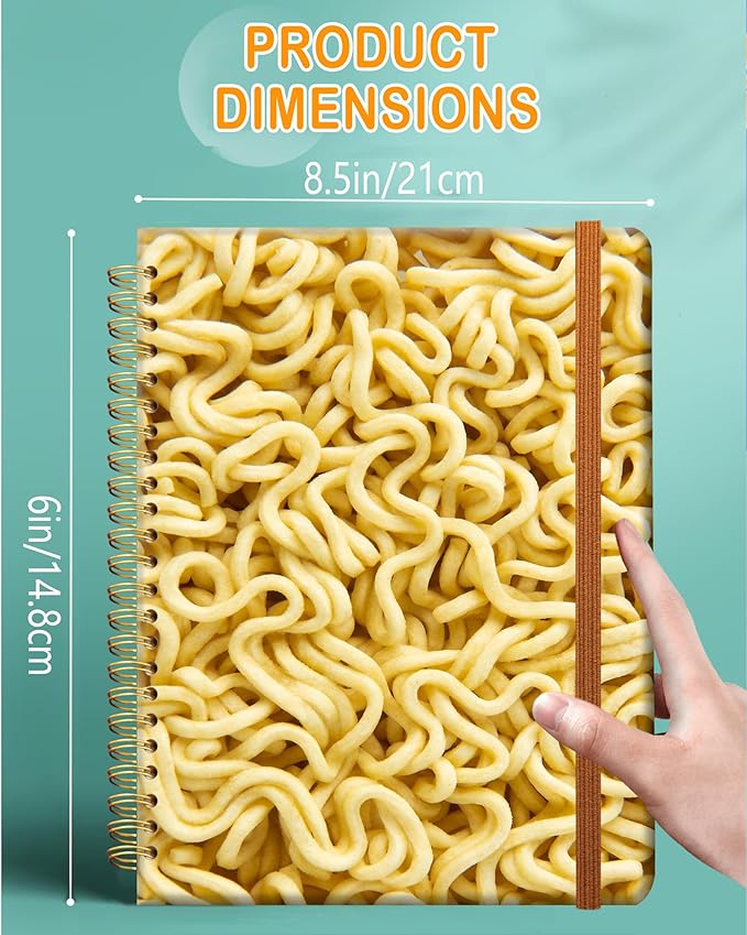 Ruled Spiral Writing Notebook,A5 Hardcover Lined College Journal for Women,Strong Twin-Wire Binding with Premium Paper,8.4" X 6",Perfect for School,Office,Home(Realistic Noodles)