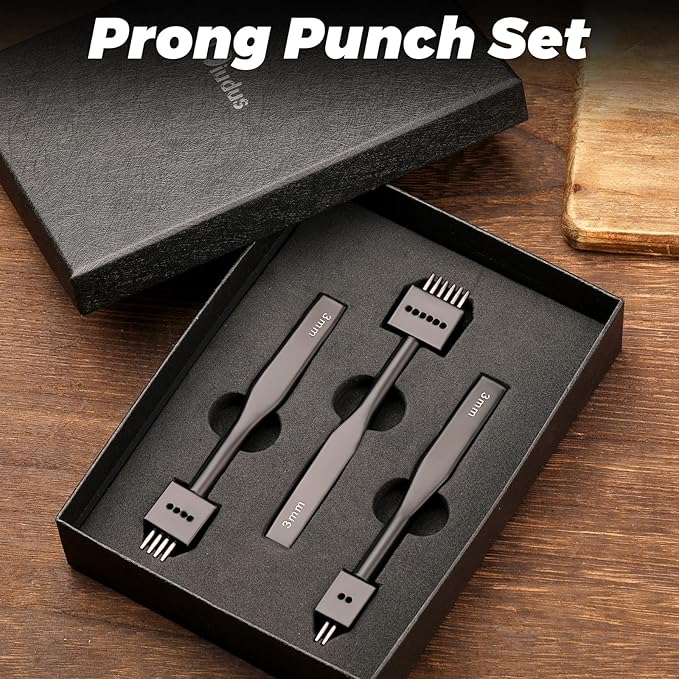 Leather Hole Punch, Black Hole Punch Tool 3mm 2/4/6 Lacing Stitching Punch, Round Hole Prong Stitching Chisel Set Leather Working Tools for Leathercraft