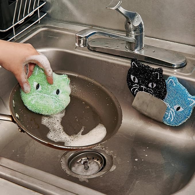 Kikkerland Reusable Cat Scrub Sponge – Cleaning Supplies for Kitchen, Home Essentials – Fun Gifts for Kids & Adults – Set of 3