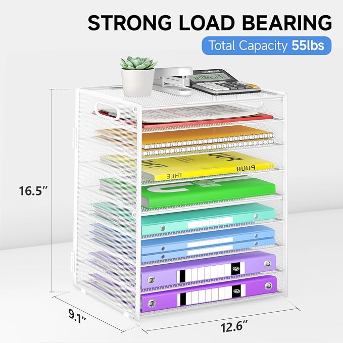 9 Tier Paper Organizer with Handle, Large Capacity Desk Organizer Mesh Paper Letter Tray File Folder Document Sorter for Classroom and Office Accessories Organization- White (2 Pack)