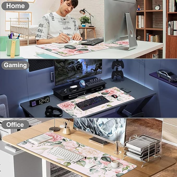 Desk Pad, Pink Watercolor Flowers and Green Leaves Extended Large Gaming Mouse Pad XXL, Large Desk Mat for Desktop with Non-Slip Rubber Base Stitched Edges for Home Office Gaming 35.4"X15.7"