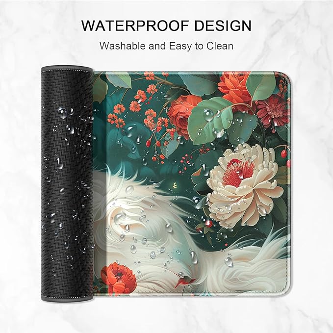 Auhoahsil Large Gaming Mouse Pad, Flower & Cat XXL 35.4 x 15.7 in Desk Pad Stitched Non-Slip Rubber Long Computer Mousepad Thin Extended Full Size Desk Mat for Desktop, Laptop, Wireless Mice