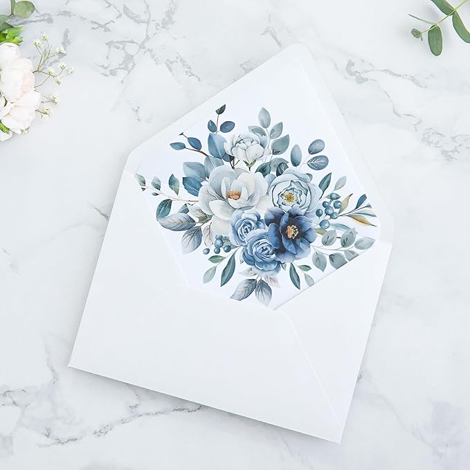PONATIA 50PCS A7 Euro Flap White Envelope, 5.25 x 7.25'' Dusty Blue Flowers Liner Envelopes for Wedding Invitations, Photos, Postcards, Greeting Cards, Acrylic Mailing, 5x7 Envelopes