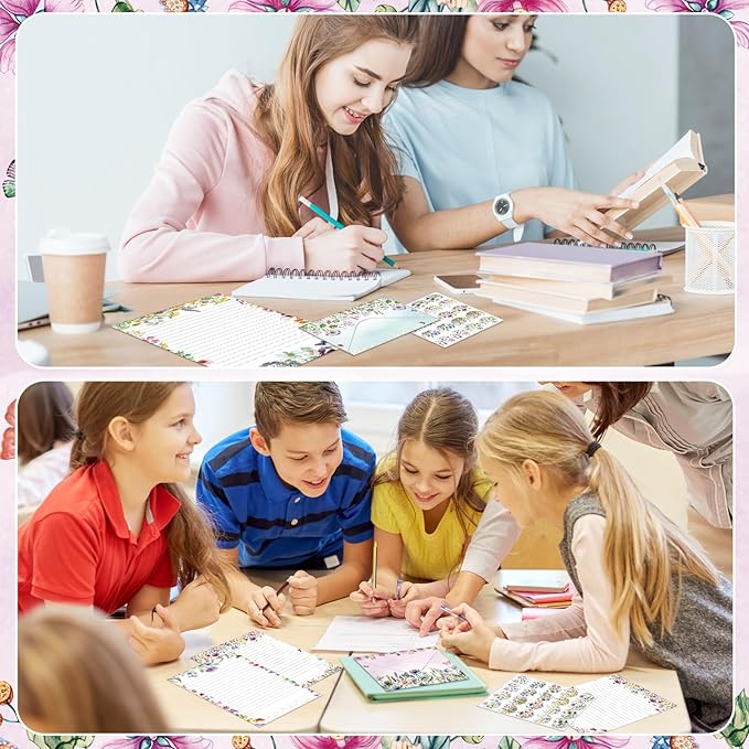 TaoBary 160 Pcs Stationery Paper Set 50 Double Sided Stationery Papers with 50 Matching Envelopes and 60 Round Dot Sticker, 10 Design(Wildflower,5.5 x 8.25 Inch)