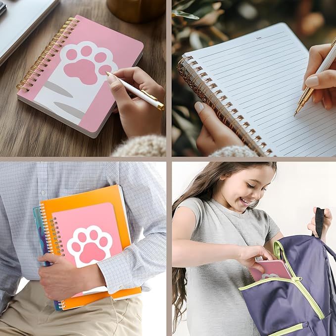 Cute Spiral Notebook journal A5 Aesthetic Pretty Floral Design for Women Girls Kawaii with Pocket, 8.5 x 5.7 inch, Pink Cat Paw