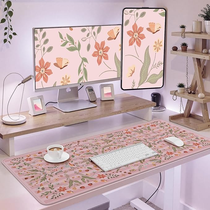 iCasso Floral Desk Matt for Desktop,Cute Desk Pad for Keyboard and Mouse with Stitched Edges,XXL Extended Large Computer Mat 35.4 x 15.7 inch,Non-Slip Gaming Mousepad for Women,Office,Home(Pink)