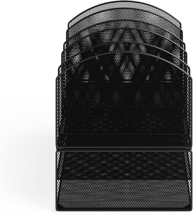 Safco Products Onyx Desk Organizer - 2 Horizontal, 6 Upright Sections - Black - Metal - Tabletop Desktop Organizer - Office & School Supplies - Letter Trays & Stacking Supports