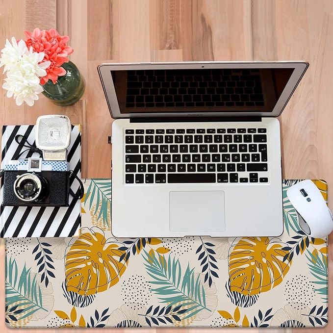Large Mouse Pad Palm Leaves Gaming Desk Pad Computer Keyboard Non-Slip Waterproof Mouse Mat with Rubber Base and Stitched Edges Entertainment Office Writing Desk Mat 35.4 x 15.7 Inches
