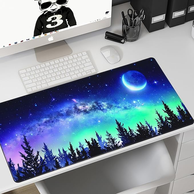 MIOAOSRT Desk Mat,Milky Way and Moon in Night Forest Large Gaming Mouse Pad with Stitched Edges,Non-Slip Computer Mouse Pad for Desk,Extended XXL Keyboard and Mouse Pad 35.4x15.75 in