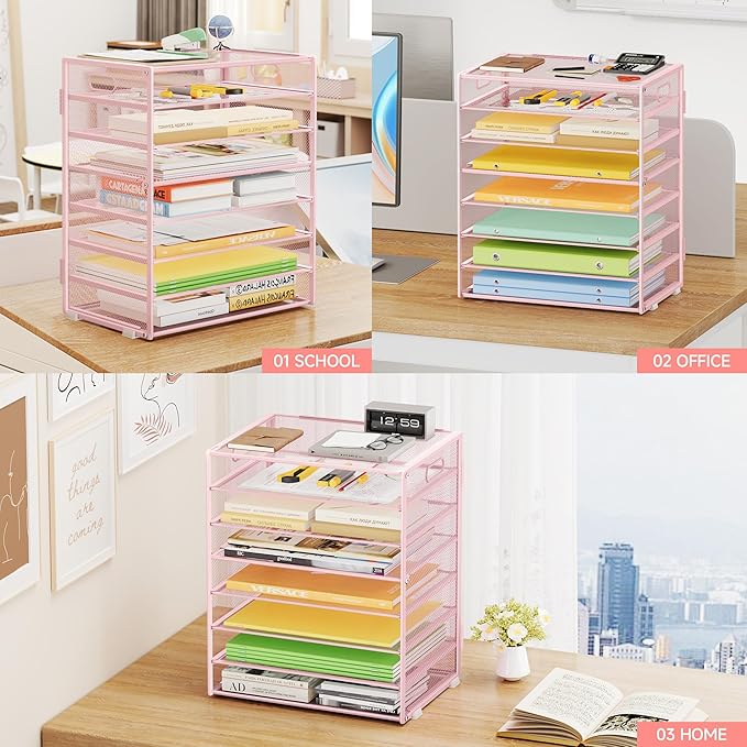 8 Tier Paper Organizer with Handle, Metal Mesh Desk File Organizer, Large Capacity Desk Organizers Paper Letter Tray Desktop Document Sorter for Office, Home or School - Pink