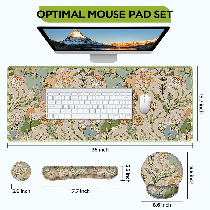 AIMSA Mouse Pad Set Large Desk Mat, Ergonomic Mouse Pad with Wrist Rest, Gaming Mouse Pad Wrist Support Keyboard Mat Combo Office Desk Decor Accessories, Abstract Flower Plants