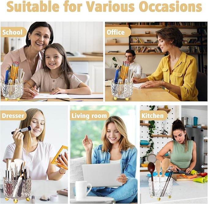 Gold Desk Accessories, UPIHO Rotating Pen Holder Set,Gold Office Supplies with Stapler and Tape Dispenser Set, Gifts for Office Clerks,Student