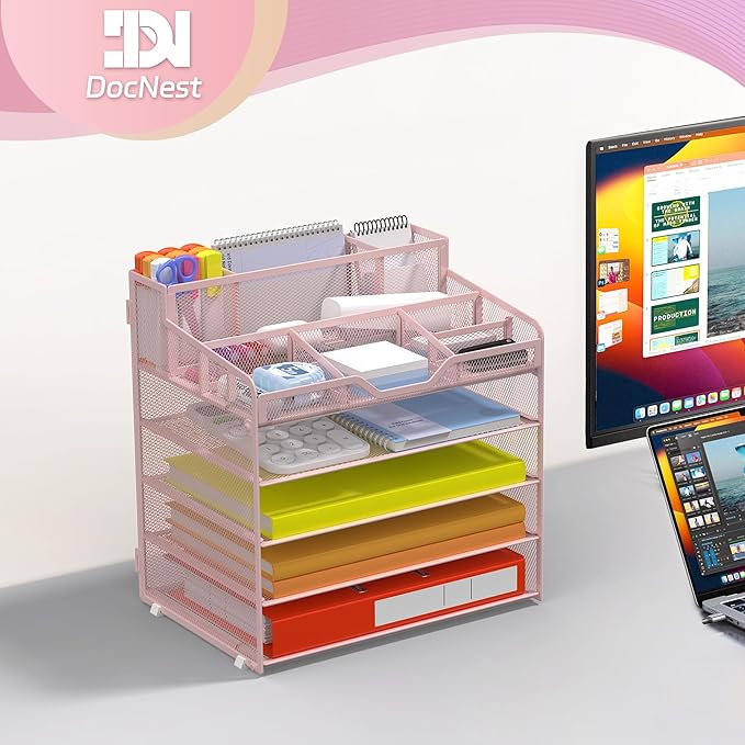 Docnest 5 Tier Mesh Desk Organizer for Paper Office Supplies – Multi-Functional Letter Tray with 5 Adjustable Compartments, 3 Pen Holders, Desktop Storage for Files, Mail, Stationery – Pink