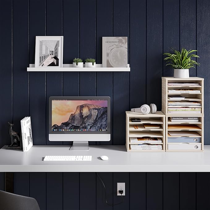 Ballucci Wood File Organizer Paper Sorter, 5 Tier Adjustable Shelves Office Desk Organizer 13 5/8" x 9 1/4" x 12", Brushed Wood