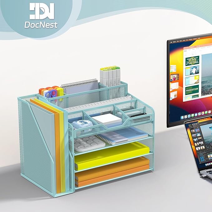 Docnest 4 Tier Mesh Desk Organizer with File Holder – Multi-Functional Paper Letter Tray with 5 Adjustable Compartments, 3 Pen Holders, Desktop Storage for Files, Mail, Stationery – Blue