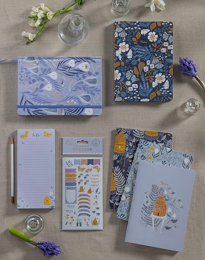 High Note Garden Bee Non-Dated Journal Notebook, 6" x 8.5" Lined Floral Notebook with Foil Accents, 183 Pages, Elastic Band and Ribbon Bookmark