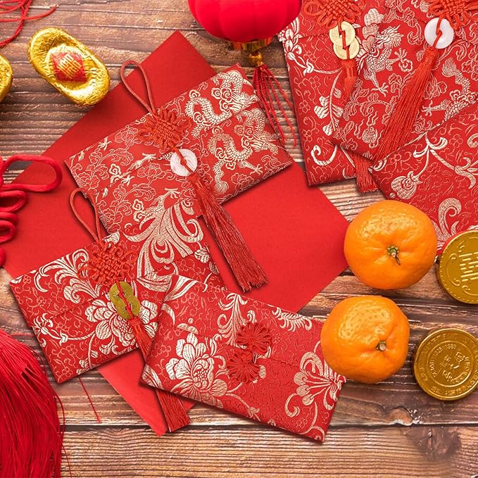 13PCS Silk Red Envelope Chinese Red Pocket Lucky Money Hong Bao Card Envelope for Spring Festival Wedding New Year Birthday,13 Styles with Chinese Knot Jade Pendant Copper Coin
