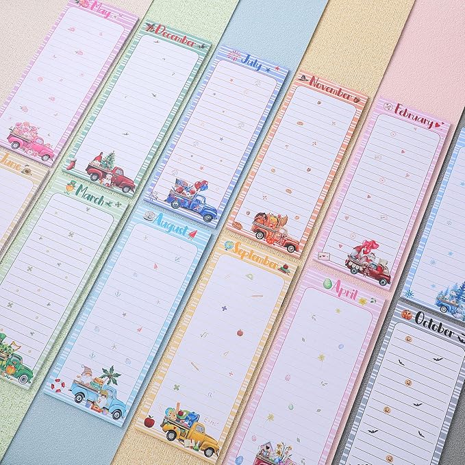 Eaasty 12 Pcs Seasonal Magnetic Notepads for Refrigerator Monthly Magnetic Grocery List 9 x 3.5 Magnet Memo Pads 30 Sheet Per Pad Shopping to Do List for January to December (Text Style)