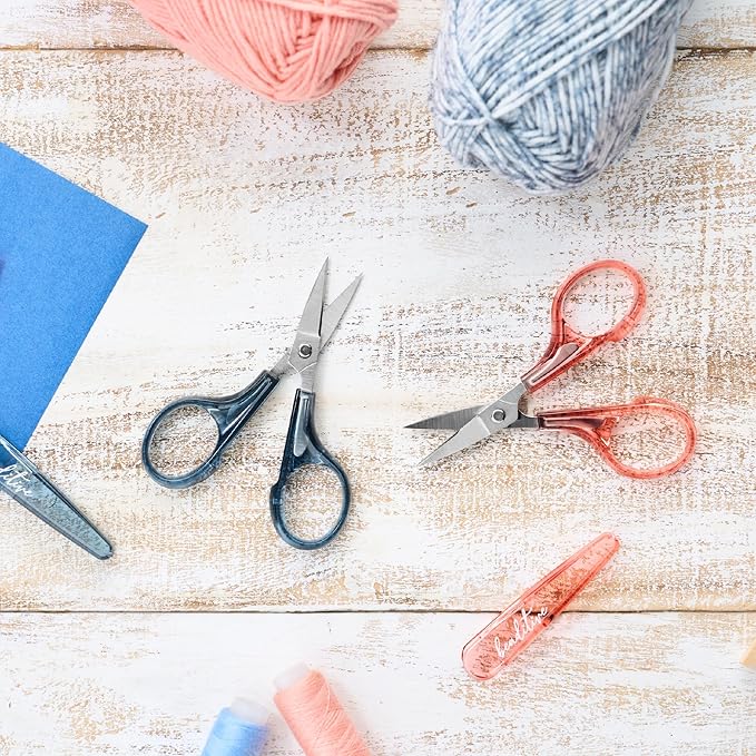 Beaditive Detail Craft Scissors Set (2 pcs) Curved and Straight, Sharp, Compact | Sewing, Embroidery, Paper Cutting, Crafting | Stainless Steel | Protective Cover (Blue&Pink)