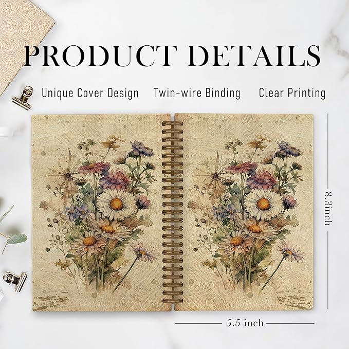 Daisy Flower Journal Notebook, Floral Journal, Vintage Floral Spiral Notebook, Boho Botanical Notebooks for School Work, Spring Retro Floral Office Supplies Gifts for Women Men, 5.5x8.3 Inch