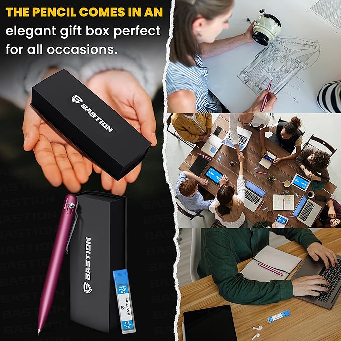 BASTION® Luxury Mechanical Pencil, Professional Lightweight Medium Point Aluminum Pencil for Birthday Gift includes 20 x 0.77mm Lead Refills - Pink