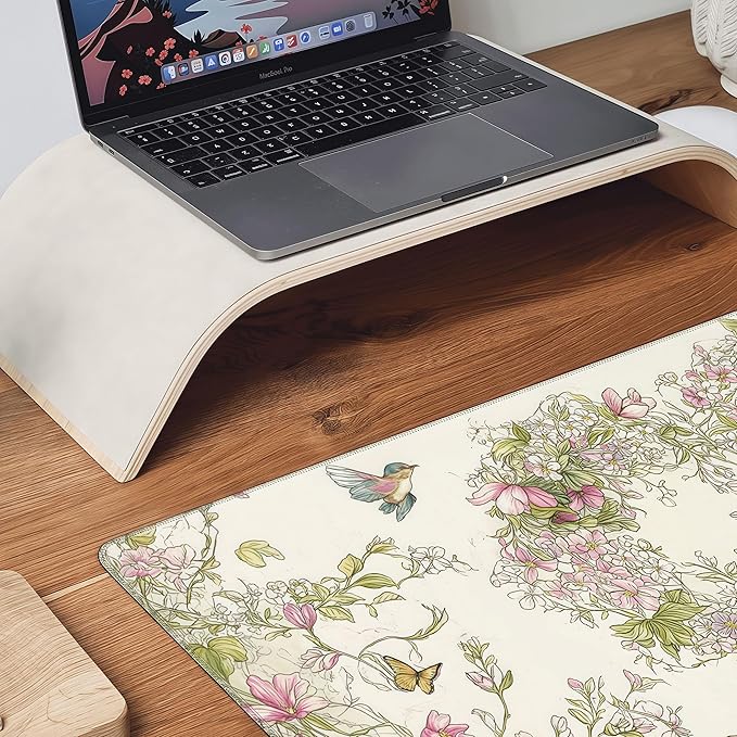 Floral Heart Pattern XXL Mouse Pad, Desk Mat with Non-Slip Base, Pink Keyboard Mat with Stitched Edges 35 x 15.8 inches