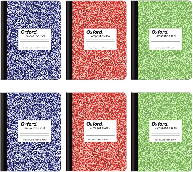 Oxford Composition Notebook 6 Pack, College Ruled Paper, 9-3/4 x 7-1/2 Inches, 100 Sheets, Assorted Marble Covers. 2 Each: Blue, Green, Red (63763)