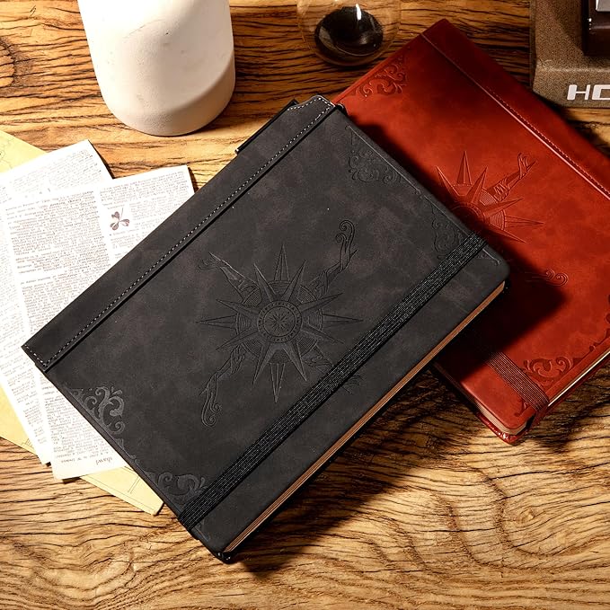 CAGIE Compass Leather Notebook Journal for Men, 100 GSM 288 Pages Lined Journals for Writing, A5 Hardcover Journaling Notebooks Gift Set with Pen for Travel Office Daily Writing