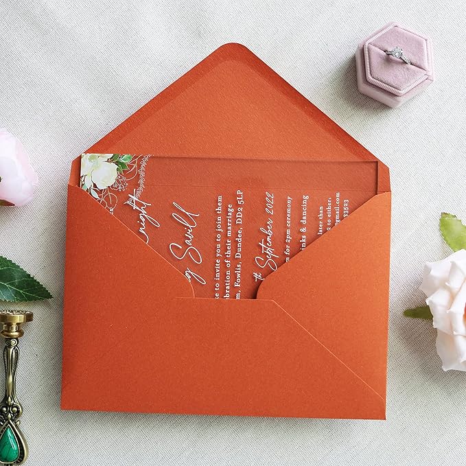 PONATIA 50 Pieces/Lot A7 Envelopes, 5.35 x 7.5'' Burnt Orange Envelopes, Perfect For 5''x7'' Wedding Invitation Cards, Graduation Invite, Acrylic Invitations, Photos