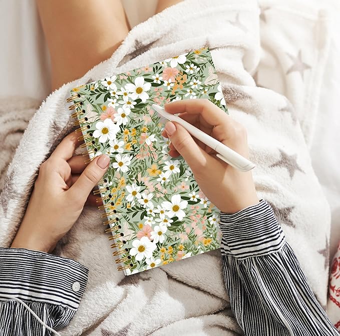 Sage Green Floral Spiral Notebook, Cottagecore Daisy Flower Notebook for Note Taking, Wildflower Aesthetic Botanical Journal for Writing, 5.5x8.3 Inch