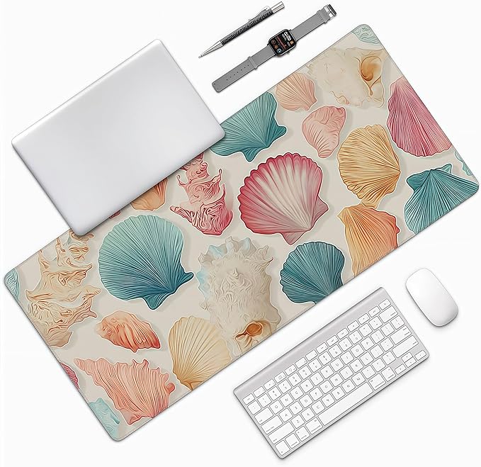 Ocean Themed Mouse Pad, XXL Seashell Desk Mat, Summer Beach Design, 35.4 x 15.8 inches,Girly Summer Coastal Gaming Pads,Girly Laptop Desk Mat