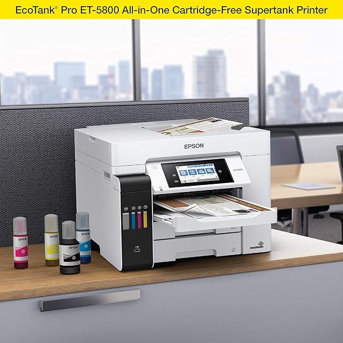 Epson EcoTank Pro ET-5800 Wireless Color All-in-One Supertank Printer with Scanner, Copier, Fax and Ethernet. Full 1-Year Limited Warranty (Renewed Premium), White