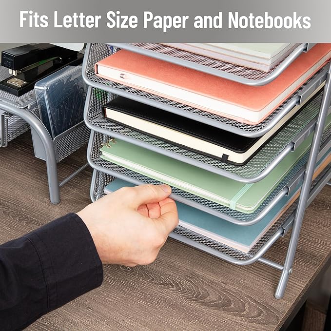 Mind Reader 5-Tier Paper Tray Organizer, Vertical Desktop File Storage Rack, Office, Metal Mesh, Silver