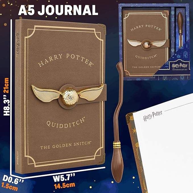 Harry Potter A5 Notebook Set with Broomstick Pen for Kids, Teens, Faux Leather Cover, Golden Snitch Detail, Stationery Supplies, Gifts for Kids (Brown Wand Pen)