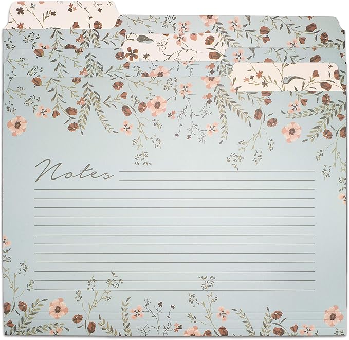Steel Mill & Co Thick Sturdy File Folders Decorative, Set of 6 File Folders with Tabs and Sticker Labels, Cute Colored File Folders Letter Size with Notes Section, Woodland Floral