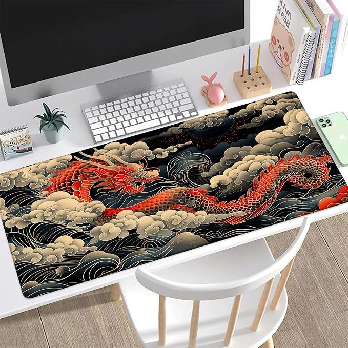 Desk Pad, Japanese Wave and Red Dragon Auspicious Clouds XL Gaming Mouse Pad with Stitched Edges,Non-Slip Waterproof Rubber Base Large Desk Mat for Keyboard and Mouse 31.5"x11.8"