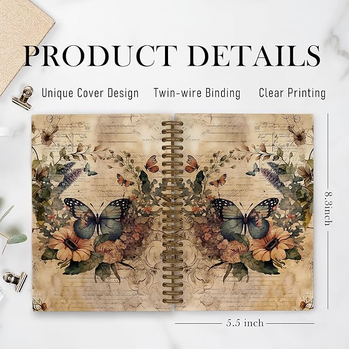 Butterfly Journal, Butterfly Spring Spiral Notebook, Butterfly Notebook, Butterfly Notebooks for School, Butterfly Floral Office Supplies Gifts for Women Girls Coworkers, 5.5x8.3 Inch