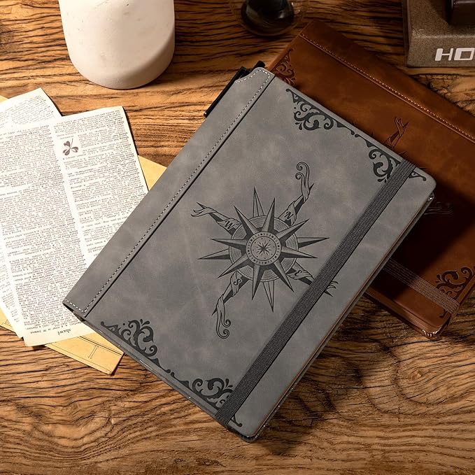 CAGIE Compass Leather Notebook Journal for Men, 100 GSM 288 Pages Lined Journals for Writing, A5 Hardcover Journaling Notebooks Gift Set with Pen for Travel Office Daily Writing