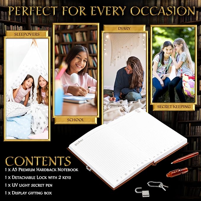 Harry Potter Lockable Diary with UV Invisible Ink Pen for Kids, Teens, Secret Journal with Key, Lined Pages, Stationery Supplies, Gifts for Kids (Brown UV Pen)