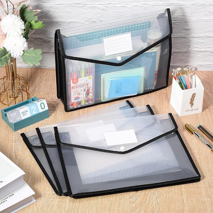 10 Pieces Plastic File Folders Envelope Expanding File Wallet Organizer Documents Folder with Snap Closure and Pocket, A4 Size Waterproof Transparent Pouch(Black,Horizontal)