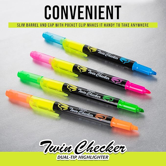 Pentel Twin Checker Dual-tip Highlighter, Chisel Tip, Yellow/Pink Ink, Pack of 12 (SLW8-GP)