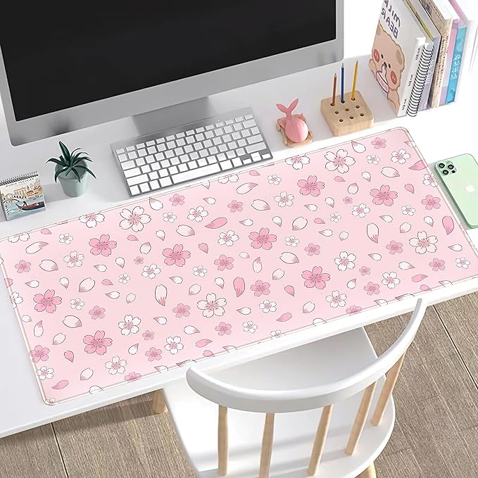 LuckyCow Pink Cherry Blossom Large Mouse Pad XXL 31.5''x15.7'', Pastel Anime Aesthetics Desk Pad Keyboard Mat Big Gaming Deskmat, Extended Mousepad Desk Accessories for Women Office Decor