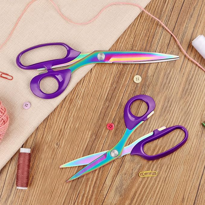 Fabric Scissors, Heavy Duty Titanium Plated Stainless Steel, Tailor Scissors for Cutting Fabrics and Leather, Purple, Set of 2 (26cm/21cm)
