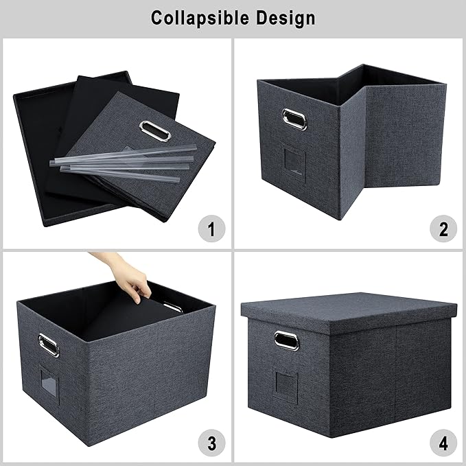 File Organizer, Collapsible Storage Filling Box with Lid for Letter Legal Size Hanging Folders Decorative Linen File Folder Box Document Storage Filing Bin, Dark Gray 2 Pack