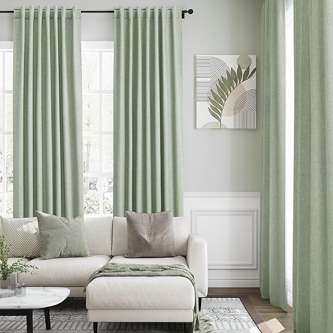 Light Sage Linen Blackout Curtains 108 Inches Long 2 Panel Set for Living Room Back Tab Pocket Drapes Cotton Textured Room Darkening Light Blocking Curtain for Bedroom Cottage High Window 52x108