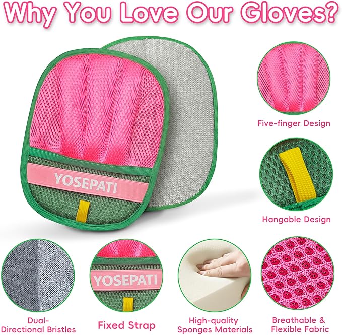 YOSEPATI Thickened Ectrostatic Pet Hair Removal Glove for Cat & Dog, Upgraded Five-Finger Reusable Magic Brush Pet Hair Remover Tool for Couch, Clothing, Carpet & Car Seat (2Pcs-Green & Pink)