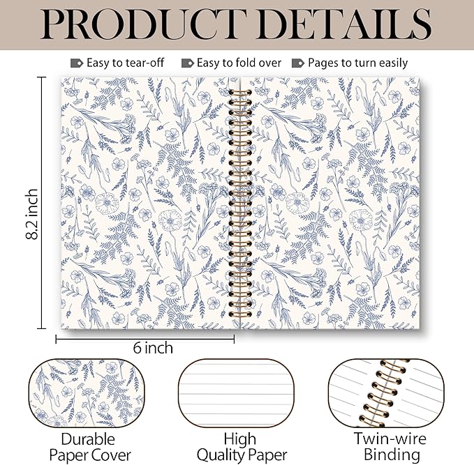 Blue Floral Notebook Journal - Floral Journal, Flower Notebook, Flower Botanical Spiral Notebooks, Blue Aesthetic Notebooks for Women, Grandmillennial Decor School Office Supplies, 6x8.2In