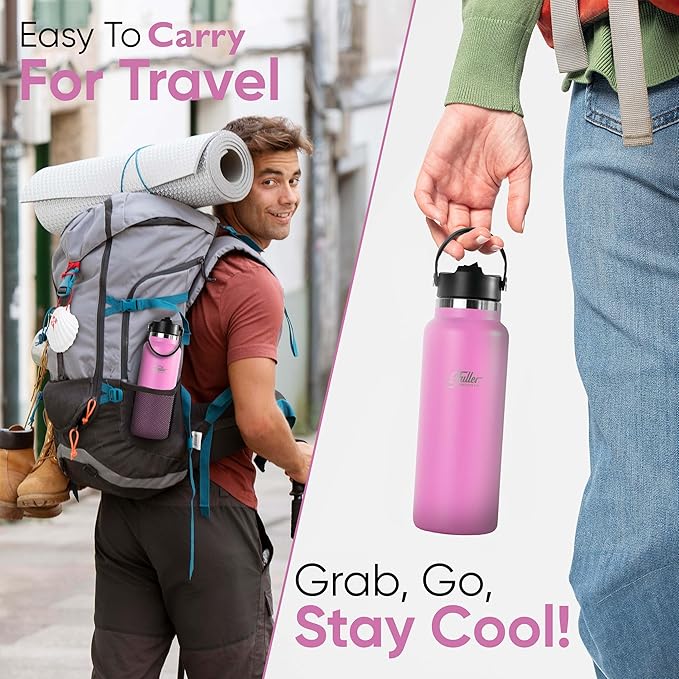 Fuller Stainless Steel Water Bottle with Straw Lid – BPA-Free, Sweat-Proof, Leak-Proof Travel Mug – Double Wall Insulated for Hot & Cold Drinks – Carry Handle (Bright Pink, 40 Oz.)