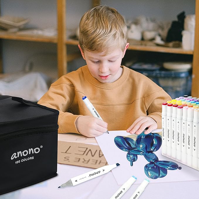 anono 100 Colors Alcohol Markers Set, Coloring Markers with Chisel and Fine Tips, Includes Carrying Case, Suitable for Book Painting and Coloring, White Barrel